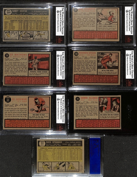 Lot of (7) Graded 1961 & 1962 Topps Baseball Cards w. 1961 Sandy Koufax BVG 5.5 & Roberto Clemente BVG 3.5
